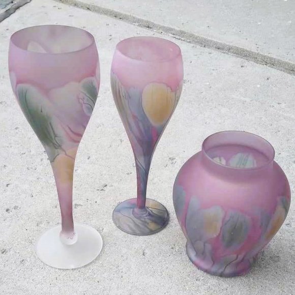 REUVEN Vintage Favrille Hand Painted Nouveau Art Glass Vase and 2 Goblets